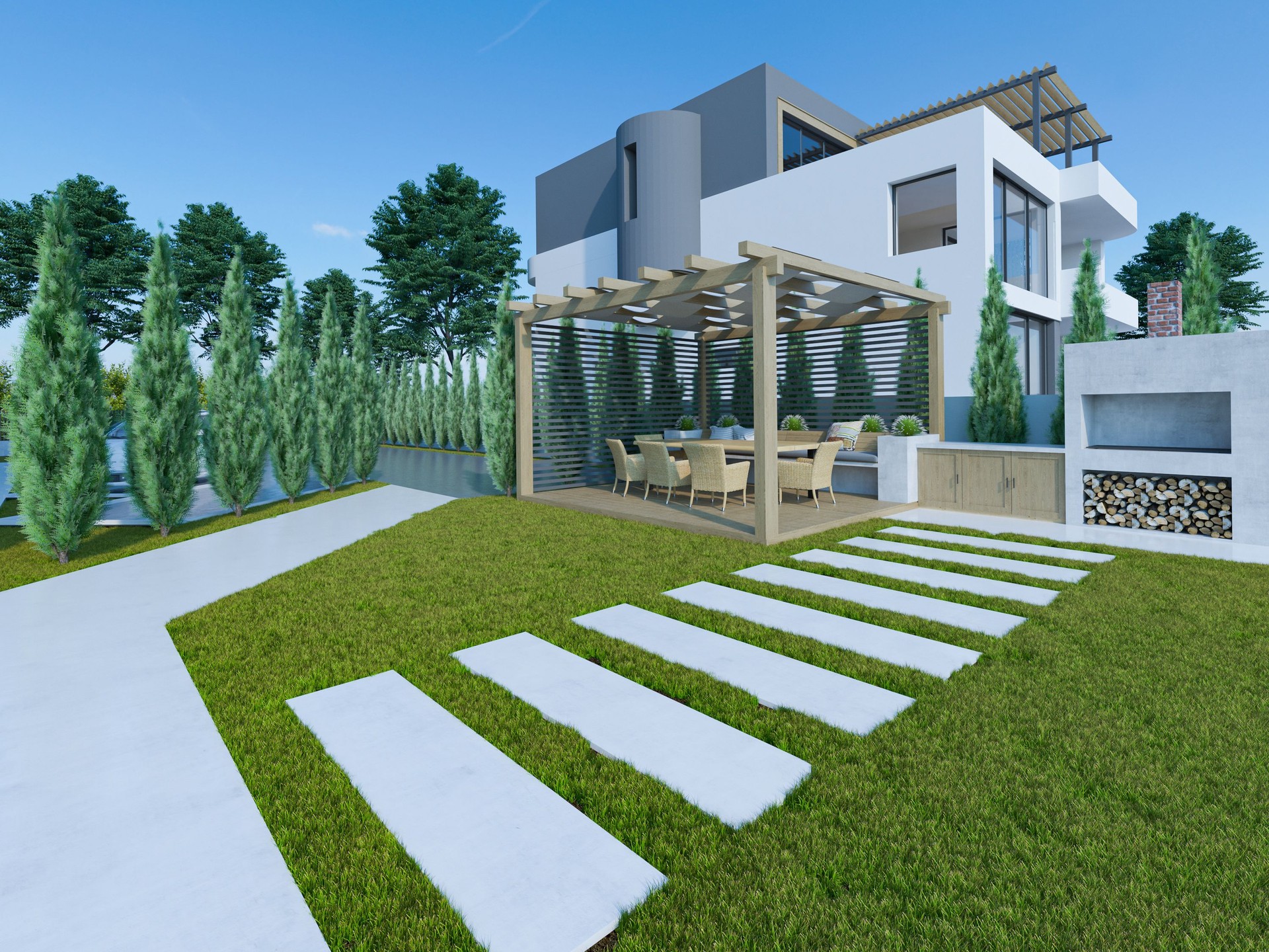 Computergeneriertes Bild eines Hauses. Architektonische Visualisierung. 3D-Rendering. Exterieur-Design